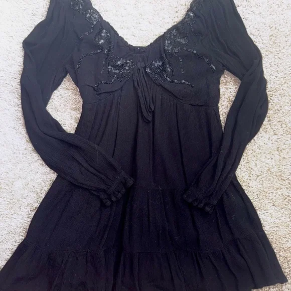 chinese dress ladies Black Lace Babydoll Dress | Mini Dress with Puff Sleeves main image 1